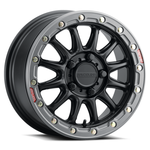 Raceline A14GR Alpha 15x7in 5x114.3 BP 53mm Offset 68mm Bore - Gunmetal & Red Ring Beadlock Wheel Online now